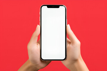 iPhone 15 Pro Max Studio Shot: Clipping Path, Blank Screen for Global Business Infographic on red background Hand holding a smartphone Hand holding a smartphone.
