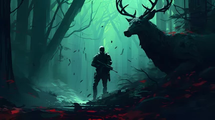 Fototapete Futuristic soldier hunting a deer © Little