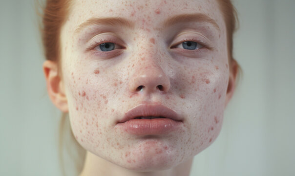 Beautiful female face with acne. Unhealthy skin. Ai generated