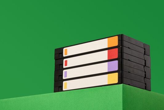 Some videotapes and vintage technology concept. Movie showings.