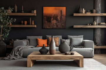 The warmth of cozy farmhouse living in a rustic barn wood coffee table, a comfortable grey sofa with terra cotta pillows, and a striking black wall with shelves and posters.