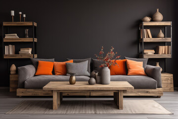 The warmth of cozy farmhouse living in a rustic barn wood coffee table, a comfortable grey sofa with terra cotta pillows, and a striking black wall with shelves and posters.