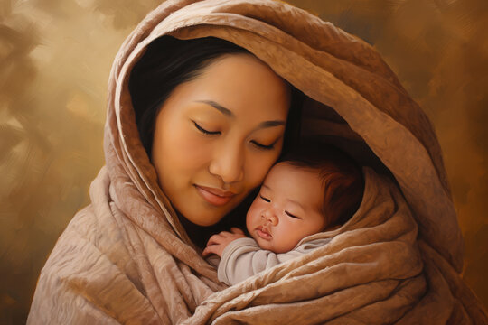 A recently delivered mother, lovingly embracing her infant with a serene expression, both wrapped in blankets. The mom is of Asian descents