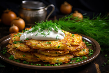 Draniki, traditional Belarusian potato pancakes, served with sour cream and a sprinkle of fresh herbs