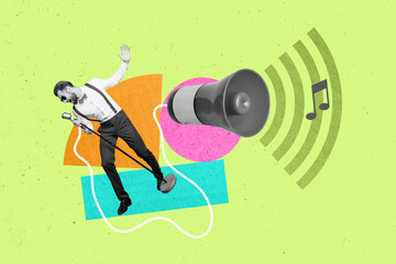 Photo banner collage artwork of young cool man artist holding karaoke microphone singing in studio isolated on green color background