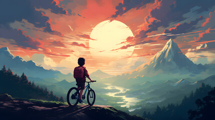 Kid on bicycle on a mountain