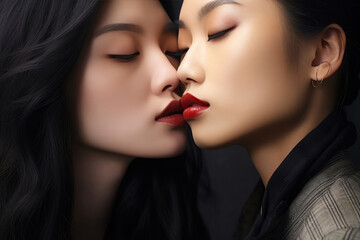 Asian lesbian woman's lips meeting those of her Caucasian partner, one with beautifully painted lips and the other with an understated, natural charm - obrazy, fototapety, plakaty