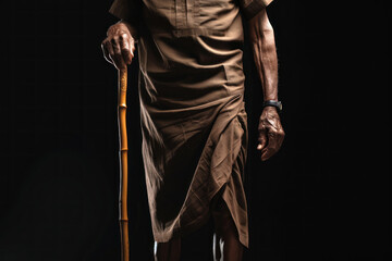 Fototapeta na wymiar An old dark-skinned man, relying on a cane with his hand for support, showcasing the resilience in the face of leg pain associated with aging