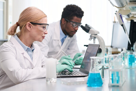 Side view of senior female medical laboratory specialist in safety glasses at desk typing on laptop while male African American colleague in blurred background