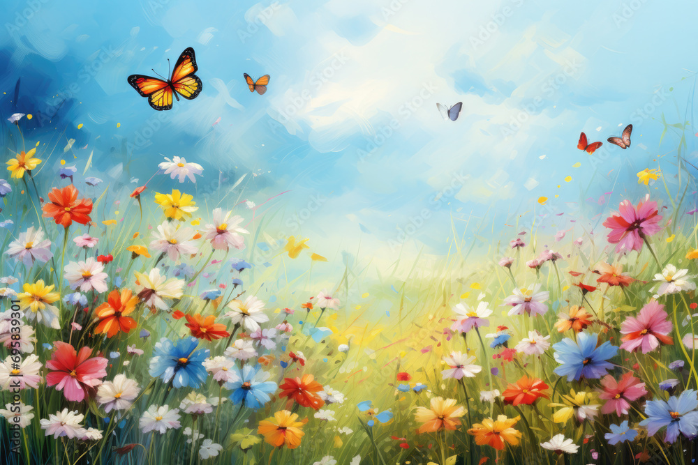 Wall mural beautiful flower field with butterfly flying around