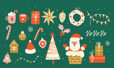 Vector set of simple modern Christmas elements such as Santa Claus, Christmas gifts, decorations, garlands, balloons, holly, candy canes