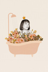 Vertical artwork photo collage of young beautiful dreamy woman with crown in bathtub full of roses rest spa body care on beige background