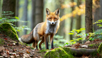 Naklejka na ściany i meble Beautiful Portrait of a Wild Red Fox in the Autumn Woods