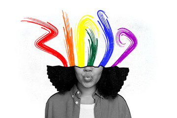 Collage creative poster black white effect young beautiful kiss woman half head rainbow pride lgbtq support tolerance white background