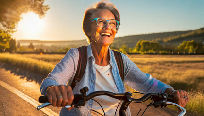 Smiling Grandmother Enjoying a Bike Ride in the Park