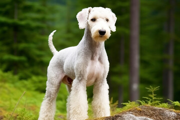 Purebred beautiful breed of dog Bedlington Terrier dog, nature background. - obrazy, fototapety, plakaty