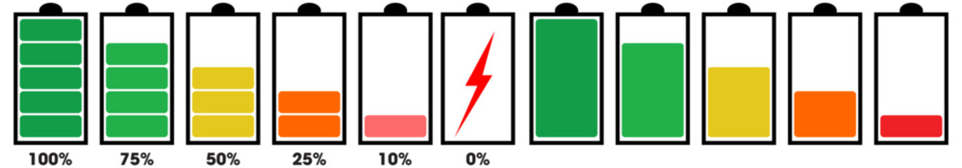 Battery Charging flat Icon set. vector isolated.