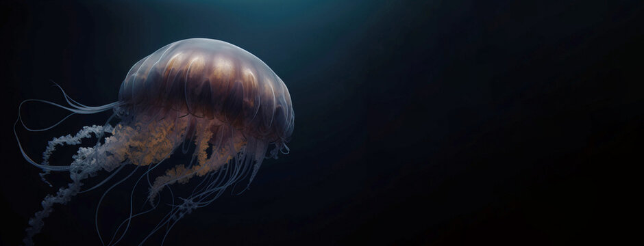 Group of rare colored jellyfish close-up, dark background. AI generated.