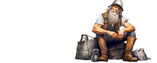 Close up of mountain worker male miner in uniform with tool, stern angry, white background isolate.