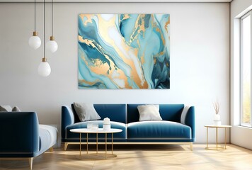 Interior modern living room have picture of Marbled blue green and golden abstract background. Liquid marble wave ink pattern.