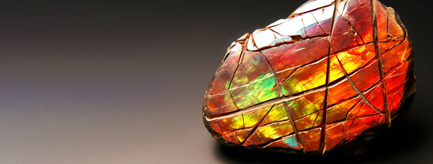 Ammolite is a rare precious natural stone on a black background. AI generated. Header banner mockup with space.