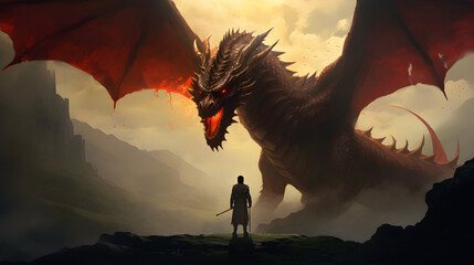 The lord and the faithful dragon - obrazy, fototapety, plakaty