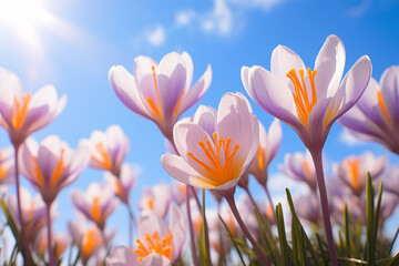 Close up of beautiful purple crocus spring flower in front of blue sky