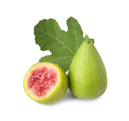 Cut and whole green figs with leaf isolated on white