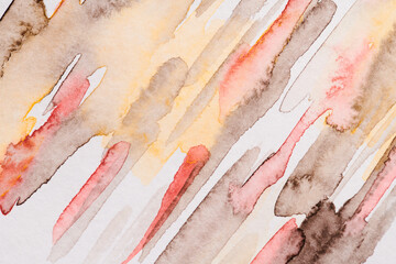 Abstract liquid art background. Multicolor watercolor translucent blots and brush strokes on white paper, pink brown splashes.