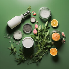 Natural skin care cosmetic products flat lay on green background with fresh herbs and flowers, top view