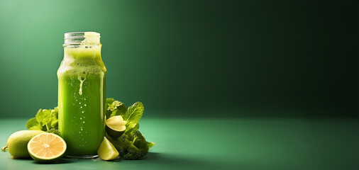 Green smoothie or juice bottle with ingredients standing on green background, front view