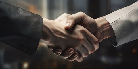 Powerful captures moment of professional triumph as two businessmen engage in firm handshake. Backdrop of modern office adds touch of corporate sophistication to scene