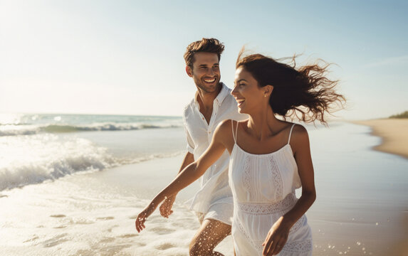 young indian couple enjoying at sea beach