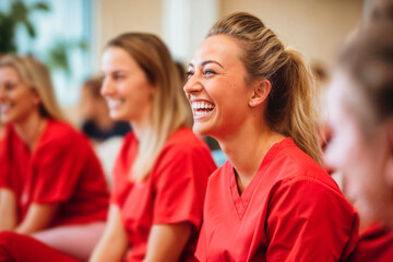 Joyful Healthcare Professionals in Red Scrubs Sharing a Laugh - obrazy, fototapety, plakaty