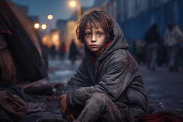 A lonely and helpless teenager with no family living on the streets. International Day of Street Children, January 31. - obrazy, fototapety, plakaty