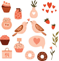 Set of Valentine's day elements. Pink cupcakes, birds, floral, vase with flowers, red hearts, strawberries, quote bubble, donuts.