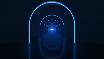 Looping Forward Movement in an Infinite neon Modern Tunnel with Round Arches. 3D Animation. Corridor of Concrete arches with bright light at the end, endless tunnel with reflective floor, cyberpunk - Powered by Adobe