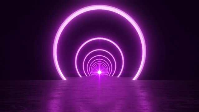 Looping Forward Movement in an Infinite neon Modern Tunnel with Round Arches. 3D Animation. Corridor of Concrete arches with bright light at the end, endless tunnel with reflective floor, cyberpunk