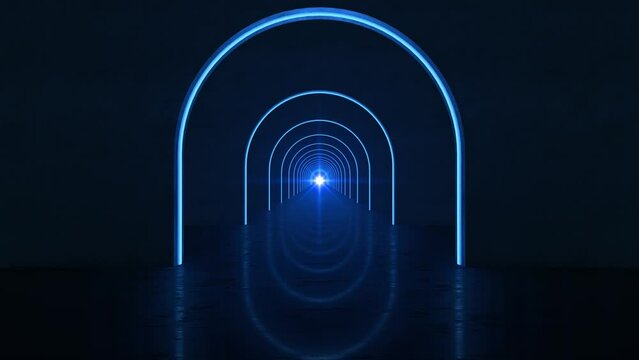 Looping Forward Movement in an Infinite neon Modern Tunnel with Round Arches. 3D Animation. Corridor of Concrete arches with bright light at the end, endless tunnel with reflective floor, cyberpunk