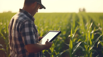 Modern caucasian farmer in a corn field using a digital tablet to review harvest and crop performance, ESG concept and application of technology in contemporary agriculture - obrazy, fototapety, plakaty