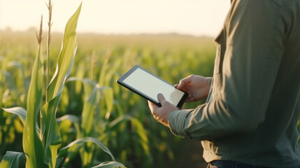 Modern caucasian farmer in a corn field using a digital tablet to review harvest and crop performance, ESG concept and application of technology in contemporary agriculture