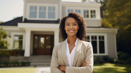 Confident American woman real estate agent stands proudly outside a modern home, radiating expertise and approachability, ready to assist potential house buyers - obrazy, fototapety, plakaty