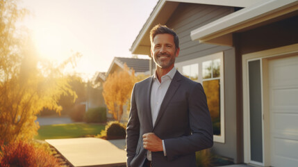 Confident American man real estate agent stands proudly outside a modern home, radiating expertise and approachability, ready to assist potential house buyers - obrazy, fototapety, plakaty