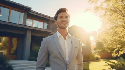 Fotobehang Confident American man real estate agent stands proudly outside a modern home, radiating expertise and approachability, ready to assist potential house buyers © Keitma
