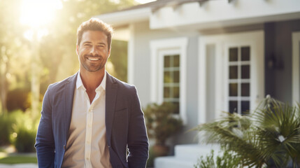 Confident American man real estate agent stands proudly outside a modern home, radiating expertise and approachability, ready to assist potential house buyers