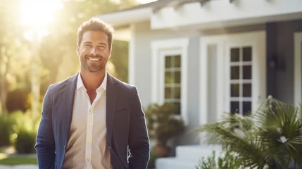 Fotobehang Confident American man real estate agent stands proudly outside a modern home, radiating expertise and approachability, ready to assist potential house buyers © Keitma