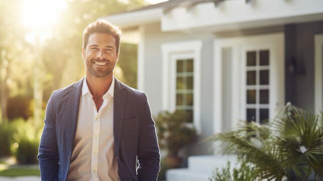 Confident American Man Real Estate Agent Stands Proudly Outside A Modern Home, Radiating Expertise And Approachability, Ready To Assist Potential House Buyers