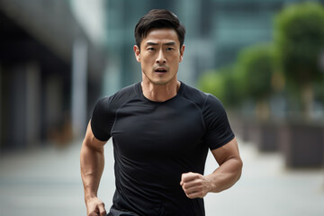 40 years old asian male running in the street front face view - obrazy, fototapety, plakaty