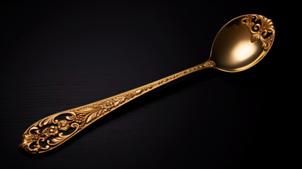 Vintage gold spoon with engraved floral pattern on a dark background. View from above. Generative AI