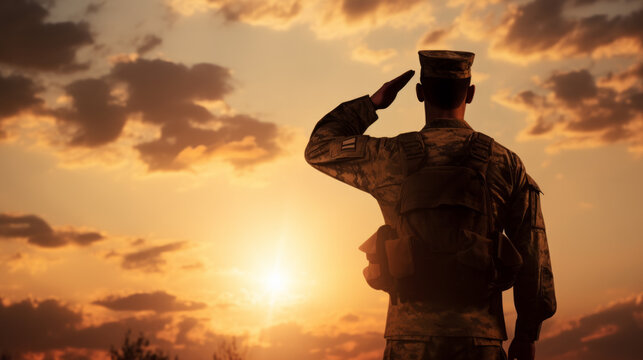 Silhouette of a soldier saluting at sunset, embodying respect, military honor, and patriotism in a serene evening backdrop